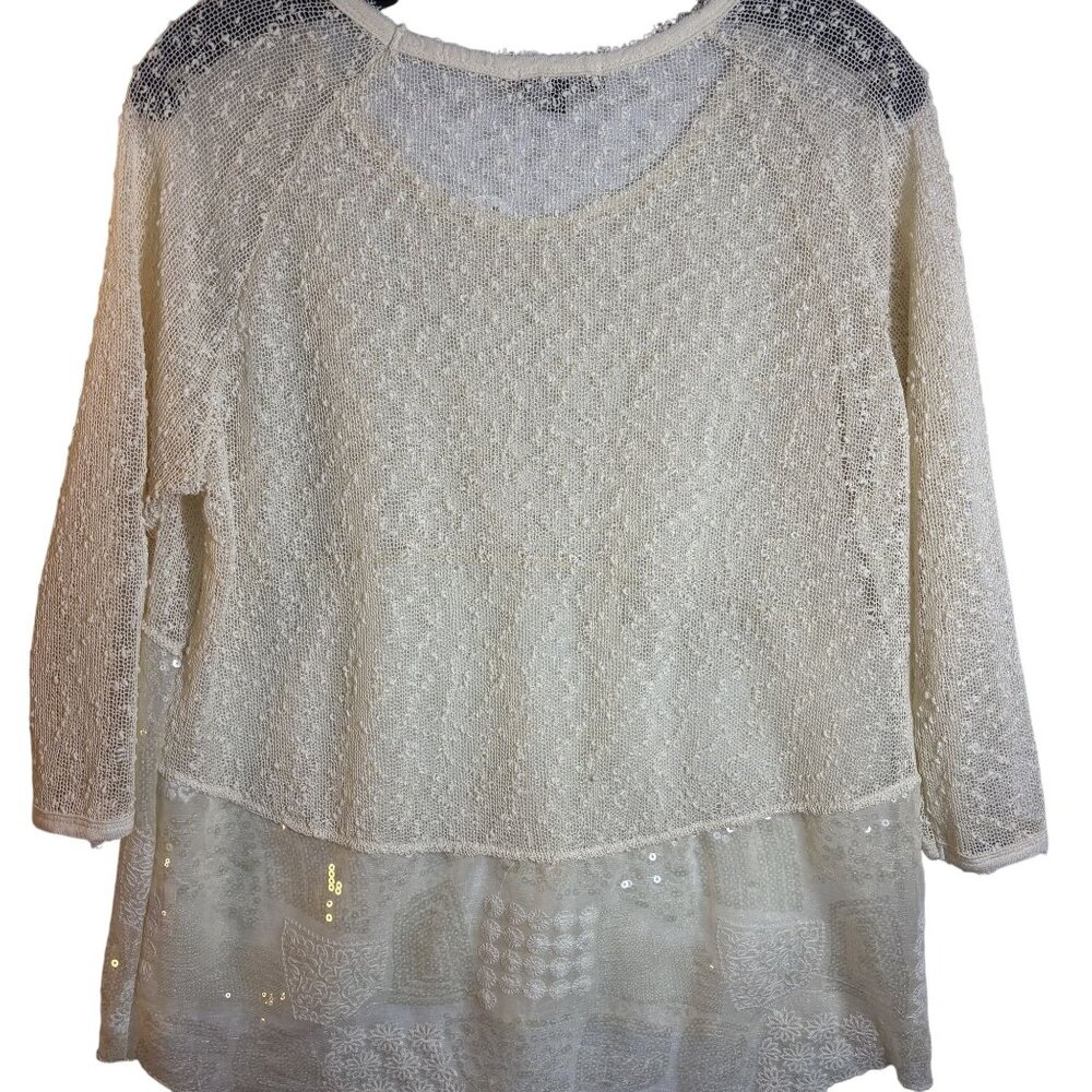 Kristine Boho Sheer Knit Top With Lace & Sequin Layer Cream S/M Polyester - Picture 2 of 11